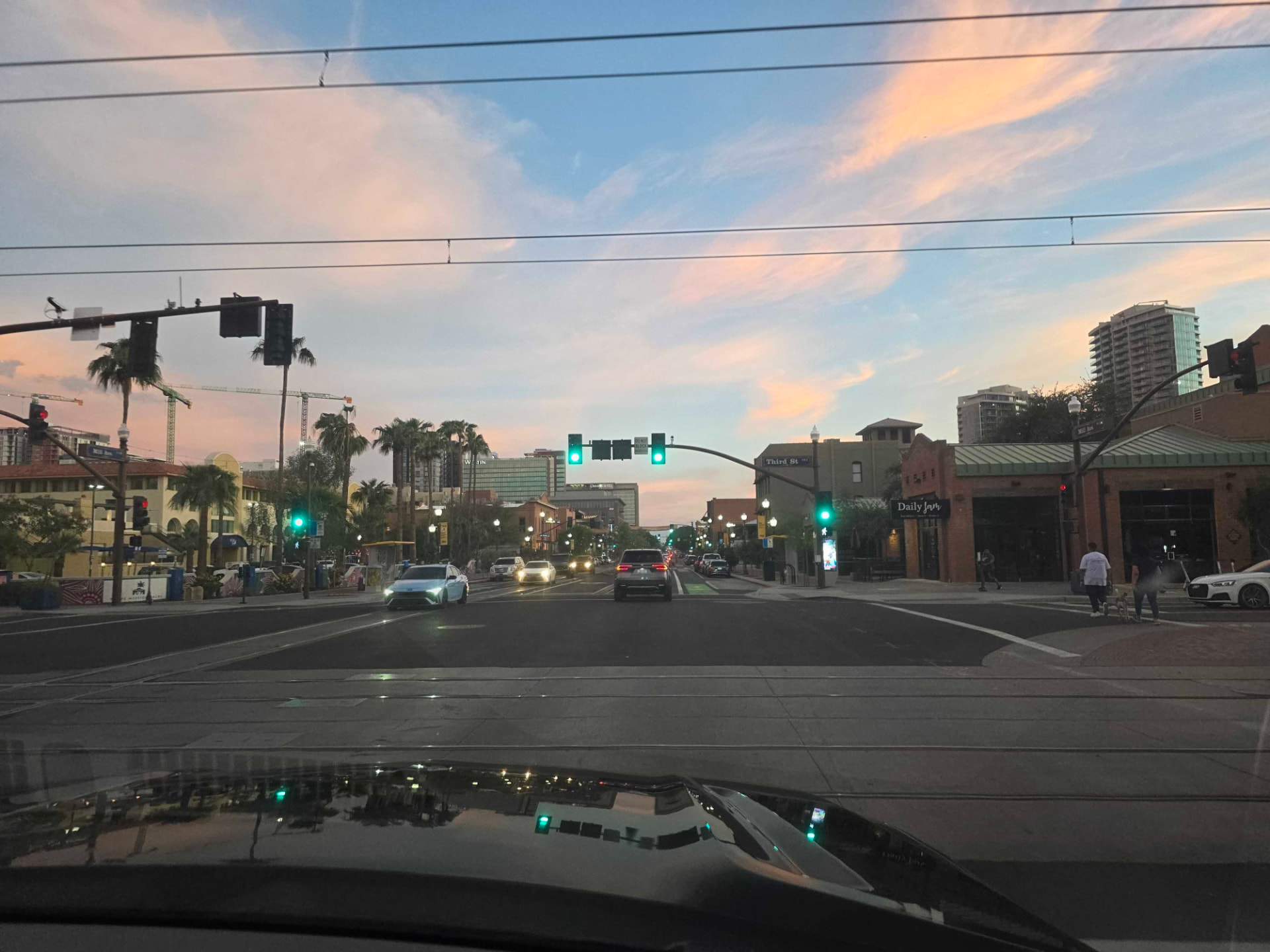 Sunset over Mill Avenue in Tempe, Arizona, seen from the road