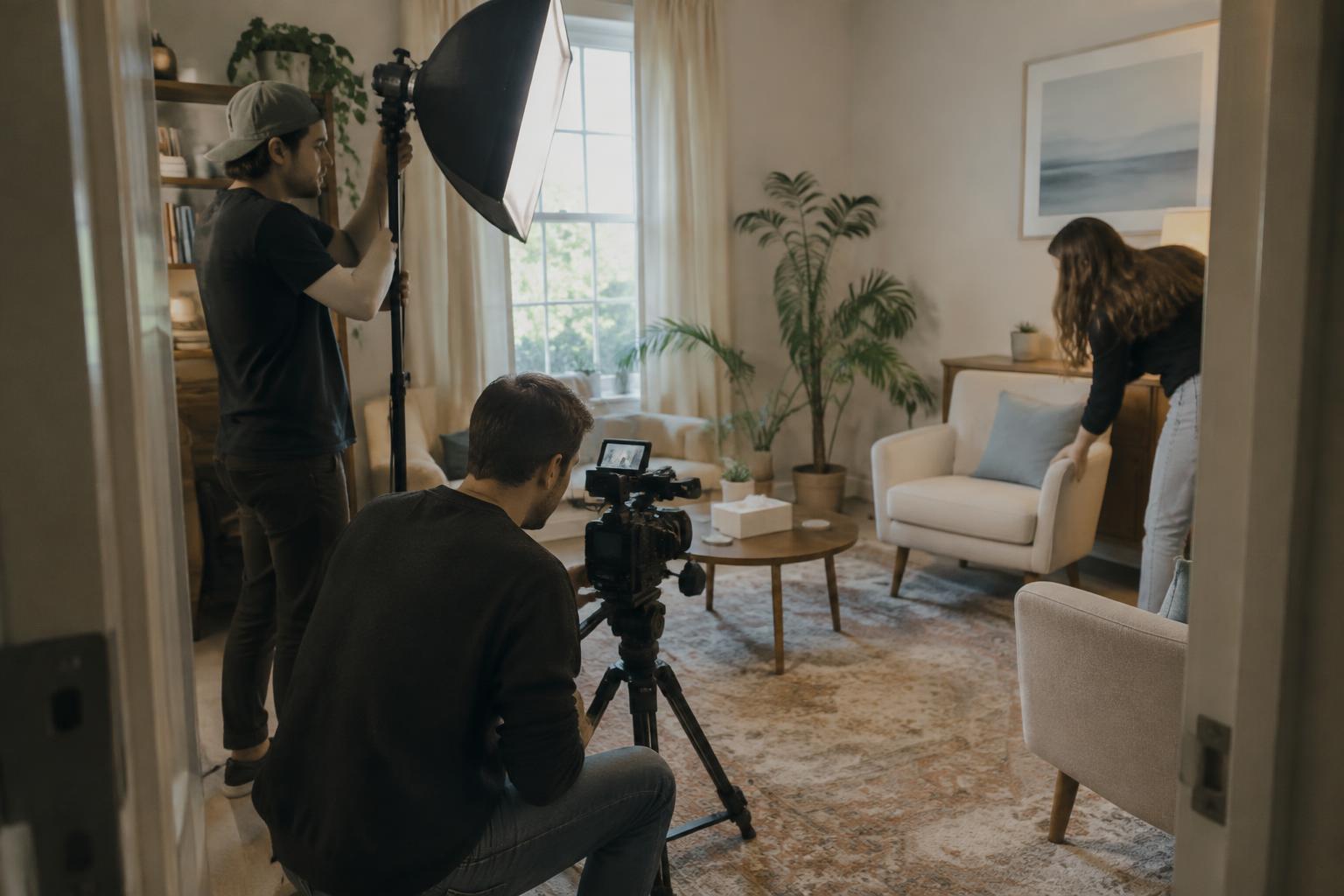 A film crew preparing to record in a bright therapy room